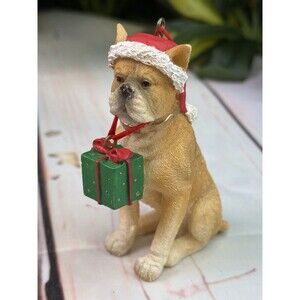 Bulldog Dog Breed Ornament Santa Hat & Present Vintage Resin Christmas Decor #1